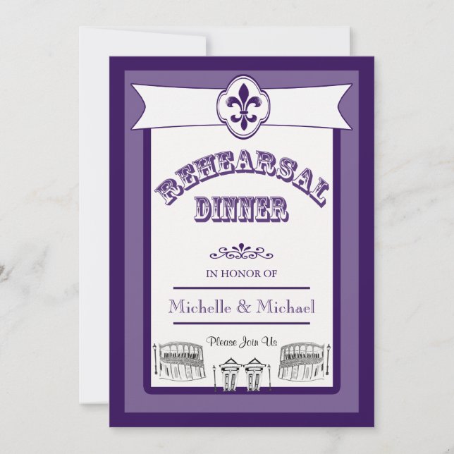 Invitación Púrpura de la cena del ensayo de la boda de New (Anverso)