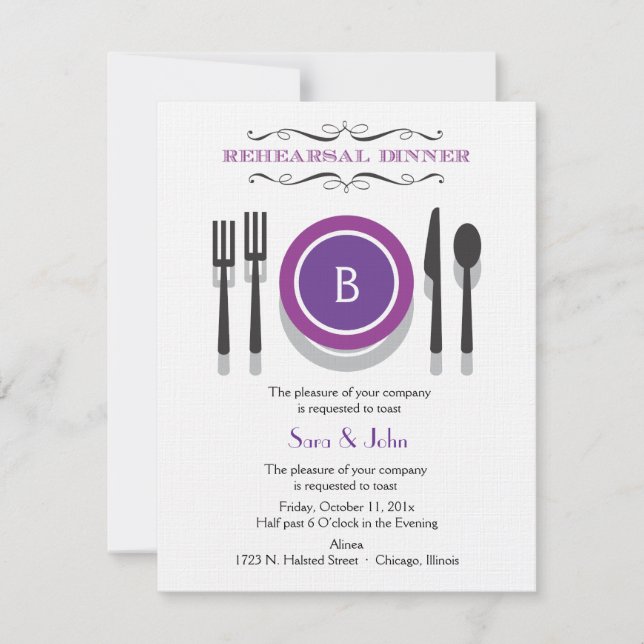 Invitación púrpura de la cena del ensayo del (Anverso)