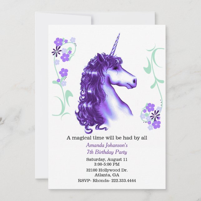 Invitación púrpura de la fiesta de cumpleaños del (Anverso)