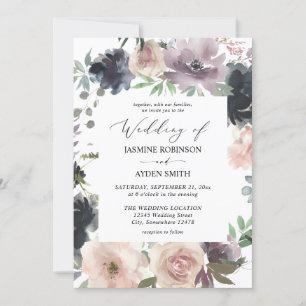 Invitación Púrpura de lavanda, marina, Boda floral rosa de Ru