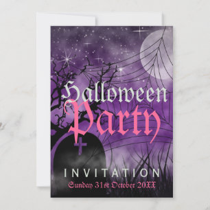 Invitación púrpura de luna y telaraña de Halloween