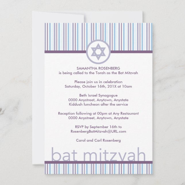 Invitación púrpura de Mitzvah del palo de las (Anverso)