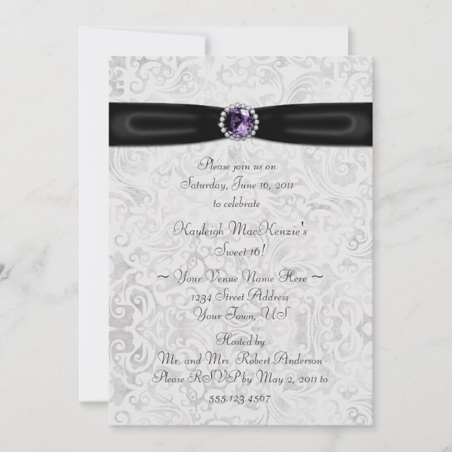 Invitación púrpura de plata negra del dulce 16 (Anverso)
