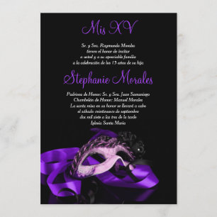 Invitación púrpura de Quinceanera de la mascarada
