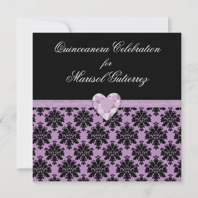 Invitación púrpura de Quinceanera del corazón de (Anverso)