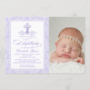 Invitación púrpura del bautismo de la foto de los