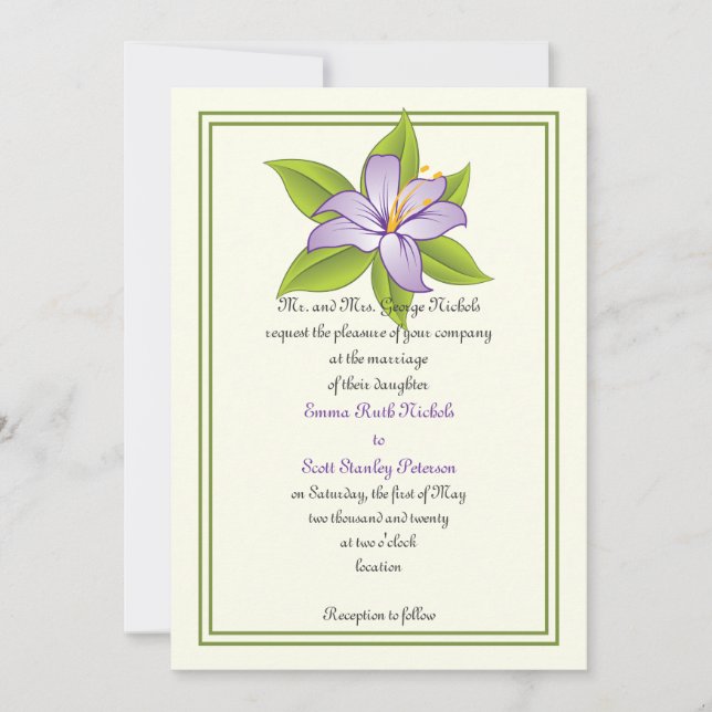Invitación púrpura del boda de la lila del lirio (Anverso)