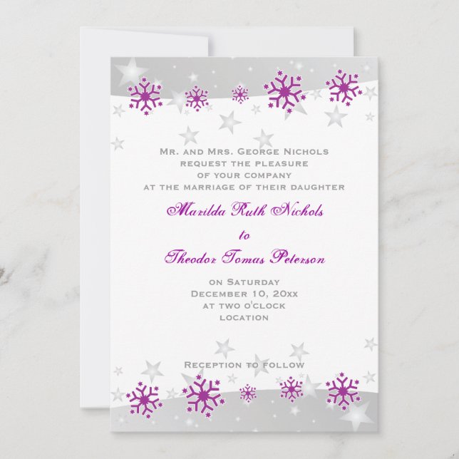 Invitación púrpura del boda del copo de nieve del (Anverso)