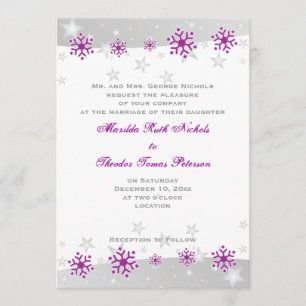 Invitación púrpura del boda del copo de nieve del