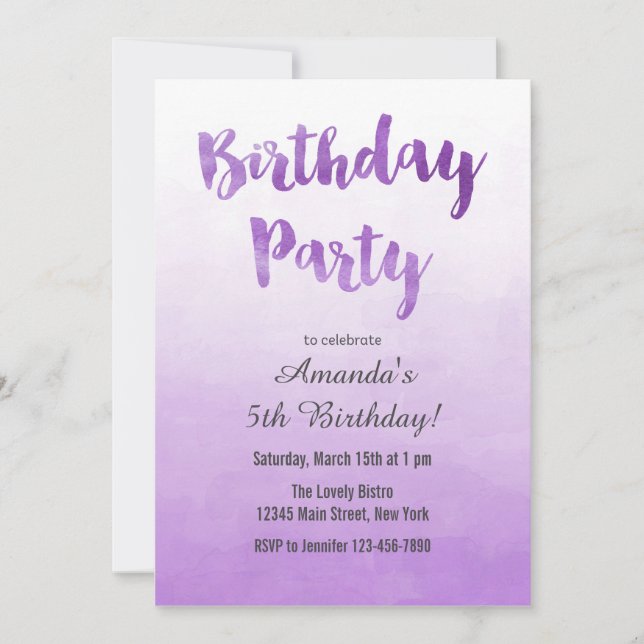 Invitación púrpura del cumpleaños de la acuarela (Anverso)