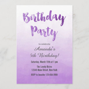 Invitación púrpura del cumpleaños de la acuarela