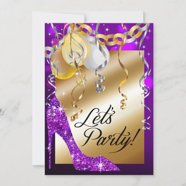 Invitación Púrpura del cumpleaños de los globos del estilete (Anverso)