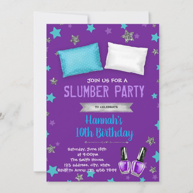 Invitación púrpura del cumpleaños del fiesta del (Anverso)