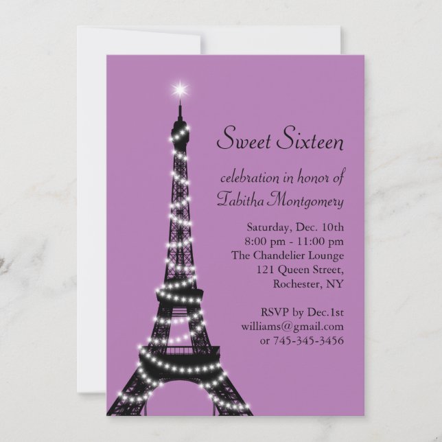 Invitación púrpura del dulce 16 de la torre Eiffel (Anverso)