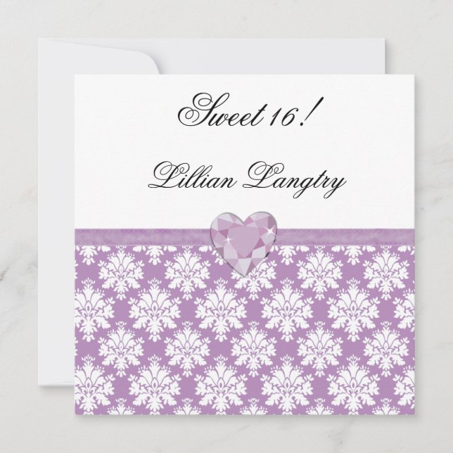 Invitación púrpura del dulce 16 del corazón de la (Anverso)