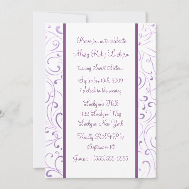 Invitación púrpura del dulce dieciséis (Anverso)
