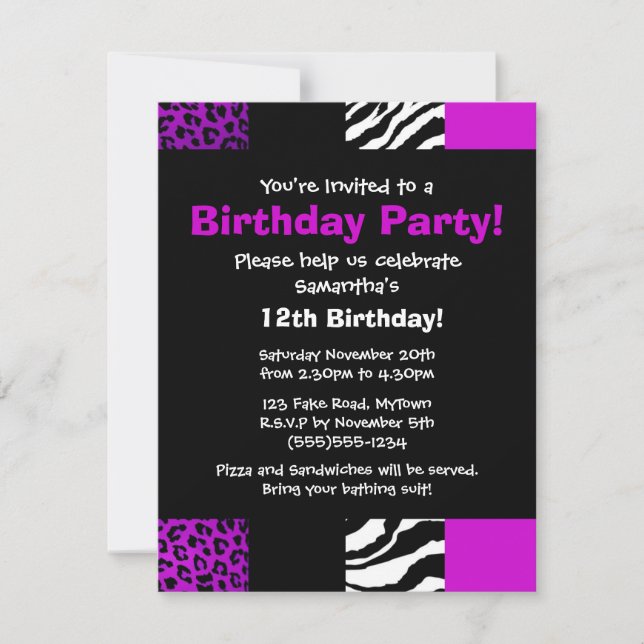 Invitación púrpura del fiesta del estampado de (Anverso)