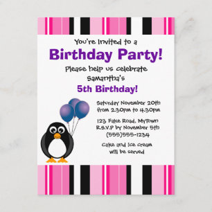 Invitación púrpura del fiesta del pingüino del