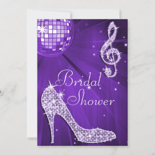 Invitación Púrpura Disco Ball y Sparkle Heels Bridal Shower