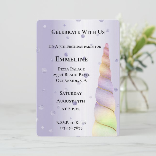 Invitación Púrpura dorada Púrpura Pime Unicornio Cumpleaños (Anverso de pie)