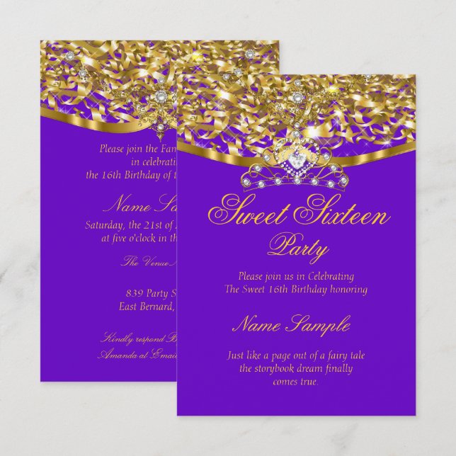 Invitación Purpura Dorado con Brillo para Fiesta d (Anverso / Reverso)