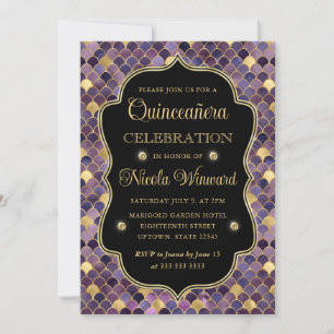 Invitación Púrpura Dorado Escama de Sirena Marco Quinceañera