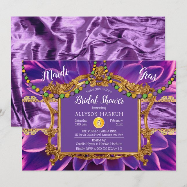 Invitación Púrpura | Ducha de novias Gold Floral Mardi Gras (Anverso / Reverso)