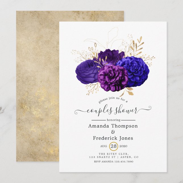 Invitación Púrpura, ducha Royal Blue & Gold Parejas Florales (Anverso / Reverso)