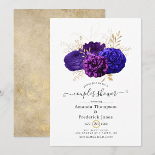 Invitación Púrpura, ducha Royal Blue & Gold Parejas Florales