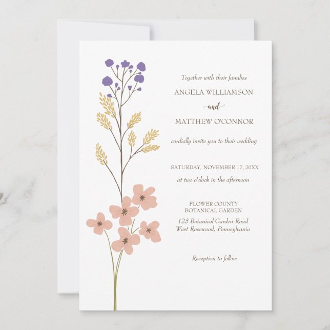 Invitación Púrpura Dusto, Boda Floral Simple Peach (Anverso)