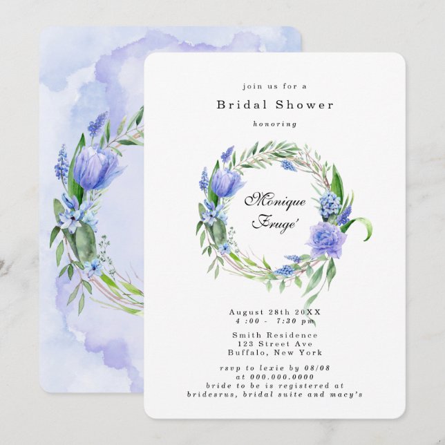 Invitación Púrpura Dusty Blue Hyacinin Peony Bridal Shower (Anverso / Reverso)