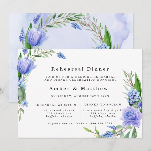 Invitación Púrpura Dusty Blue Hyacinin Peony Ensayo Cena (Anverso / Reverso)