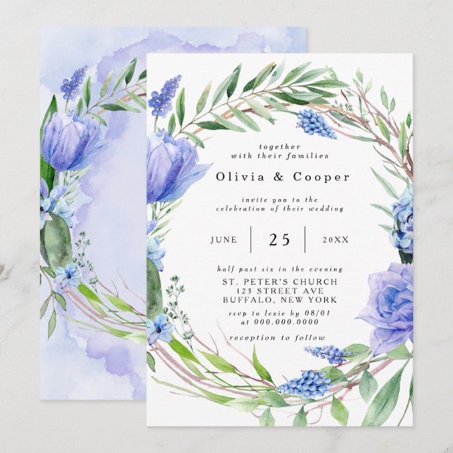Invitación Púrpura Dusty Blue Hyacinth Peony Wreath Boda (Anverso / Reverso)