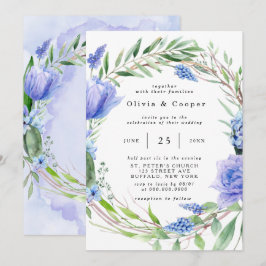Invitación Púrpura Dusty Blue Hyacinth Peony Wreath Boda