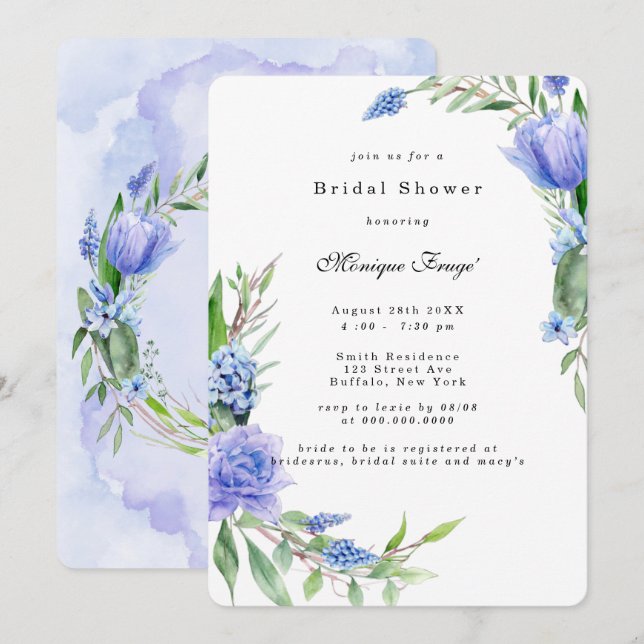 Invitación Púrpura Dusty Blue Hyacinths Peony Bridal Shower (Anverso / Reverso)