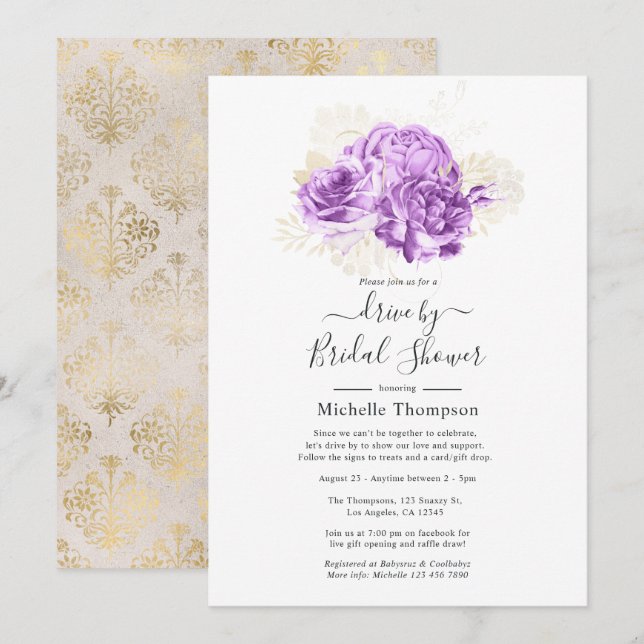 Invitación Púrpura e Ivory Floral por ducha (Anverso / Reverso)