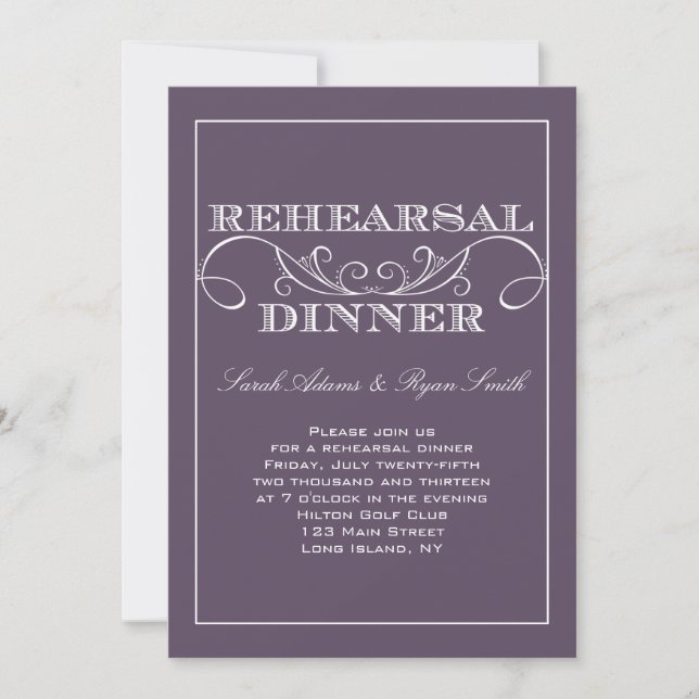 Invitación púrpura elegante de la cena del ensayo (Anverso)