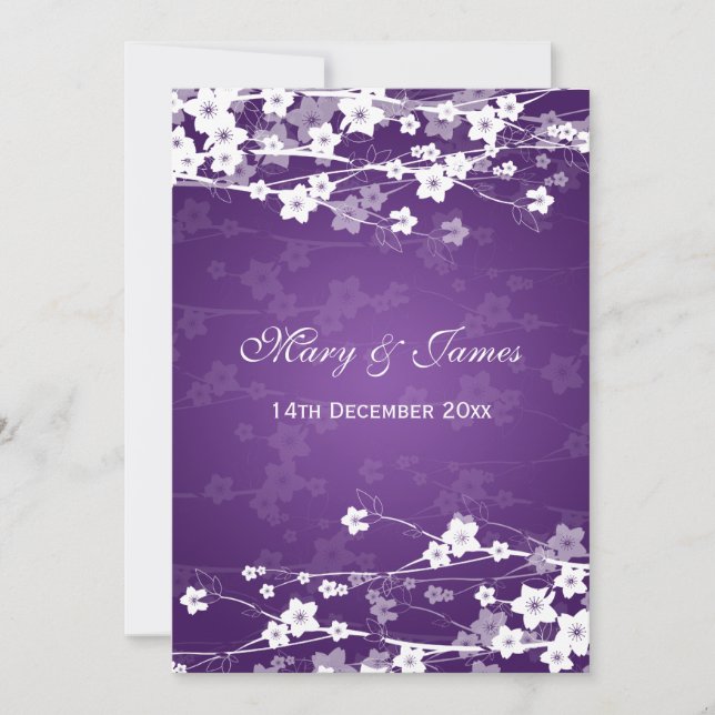 Invitación Púrpura elegante de la flor de cerezo de la boda (Anverso)