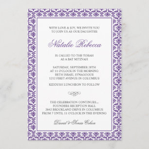 Invitación púrpura elegante de Mitzvah del palo