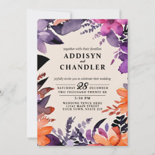 Invitación Púrpura encantada + Boda Naranja Floral Halloween