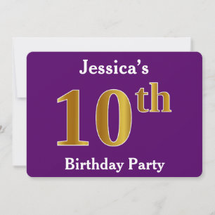 Invitación Púrpura, Faux Gold 10th Birthday Party; Nombre per