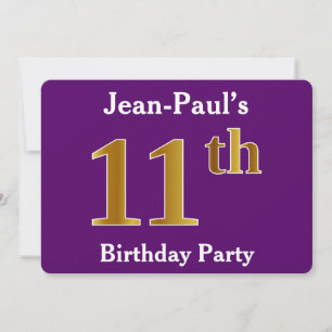 Invitación Púrpura, Faux Gold 11th Birthday Party; Nombre per