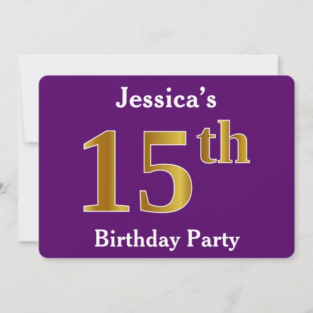 Invitación Púrpura, Faux Gold 15th Birthday Party; Nombre per (Anverso)