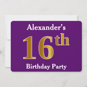 Invitación Púrpura, Faux Gold 16th Birthday Party; Nombre per