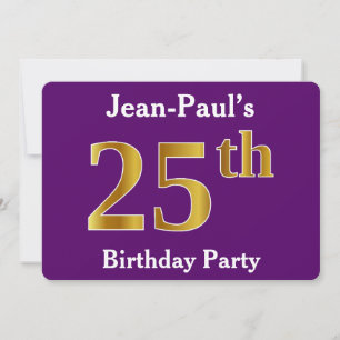 Invitación Púrpura, Faux Gold 25th Birthday Party; Nombre per