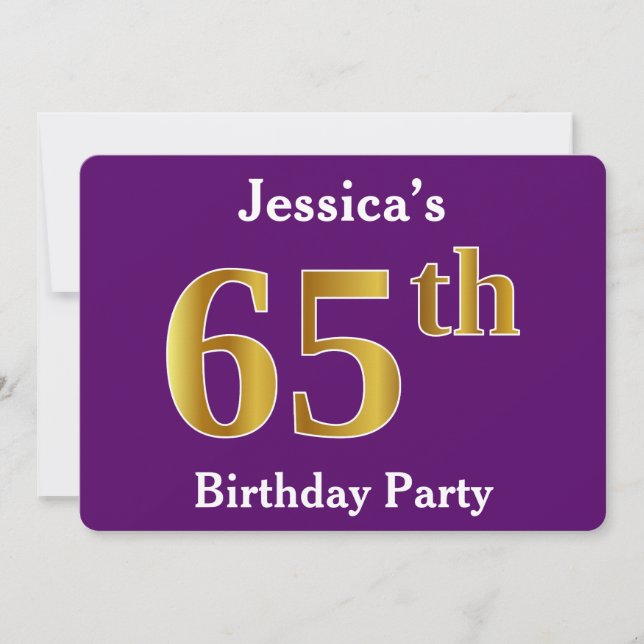 Invitación Púrpura, Faux Gold 65th Birthday Party; Nombre per (Anverso)