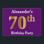 Invitación Púrpura, Faux Gold 70th Birthday Party; Nombre per<br><div class="desc">Este diseño de invitación presenta el número ordinal "70" con un aspecto falso dorado. También tiene un nombre personalizado y un fondo morado. Los detalles del evento en la parte posterior se pueden personalizar. Podría ser usado para invitar a la gente a la fiesta de cumpleaños setenta de alguien. [~Z0000014]...</div>