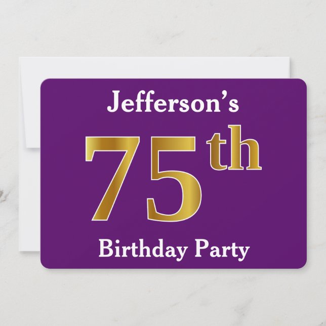 Invitación Púrpura, Faux Gold 75th Birthday Party; Nombre per (Anverso)