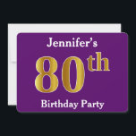 Invitación Púrpura, Faux Gold 80th Birthday Party; Nombre per<br><div class="desc">Este diseño de invitación presenta el número ordinal "80" con un aspecto falso dorado. También tiene un nombre personalizado y un fondo morado. Los detalles del evento en la parte posterior se pueden personalizar. Se podría usar para invitar a la gente a la fiesta de ochenta años de alguien. [~Z0000014]...</div>