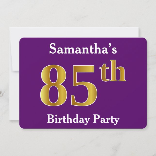 Invitación Púrpura, Faux Gold 85th Birthday Party; Nombre per (Anverso)